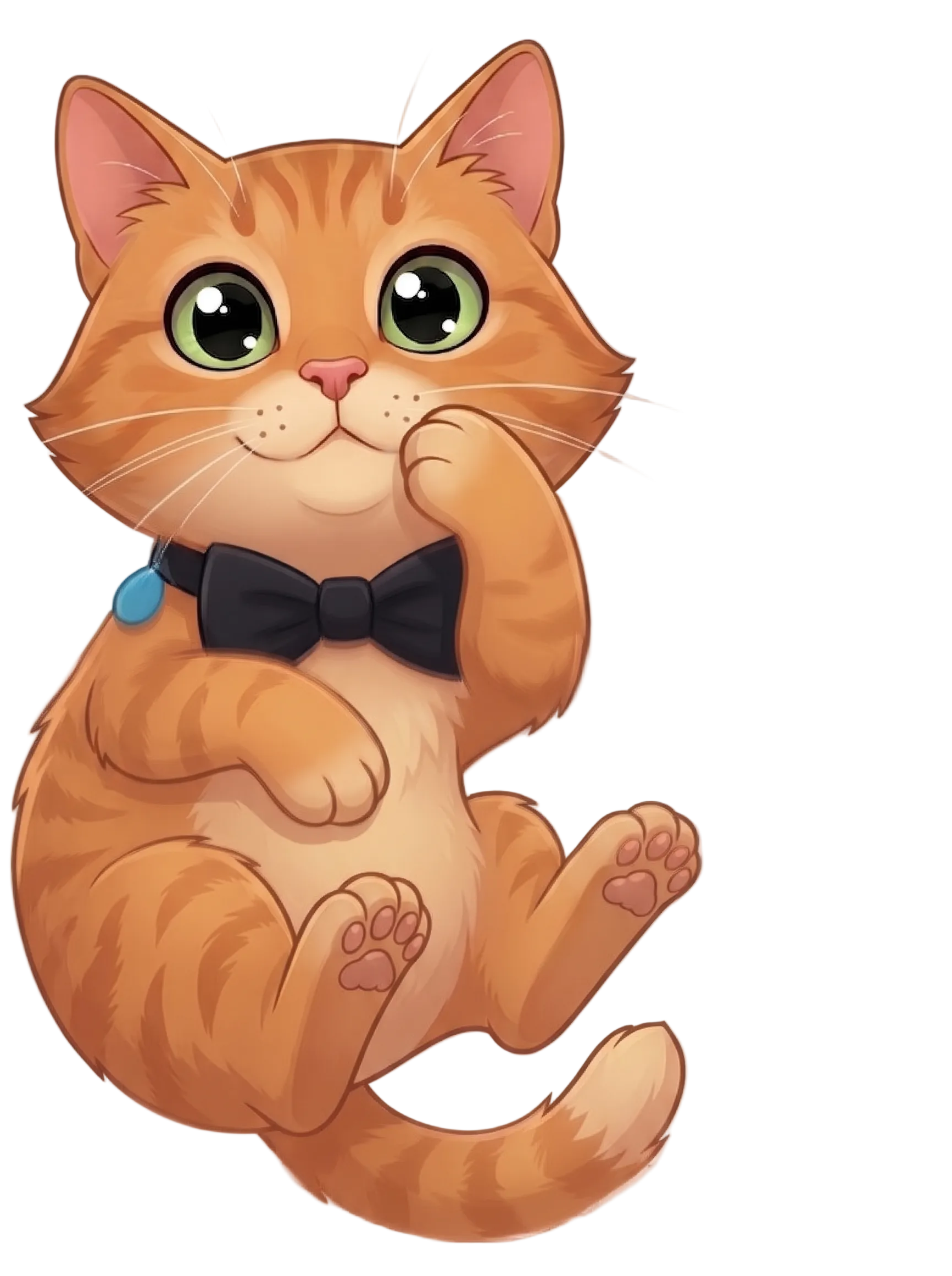 Cartoon cat with a black bow tie on a white background